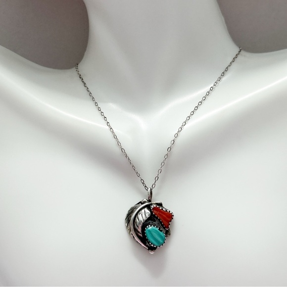 Vintage Southwestern Turquoise Coral Sterling Silver Necklace - Picture 1 of 10